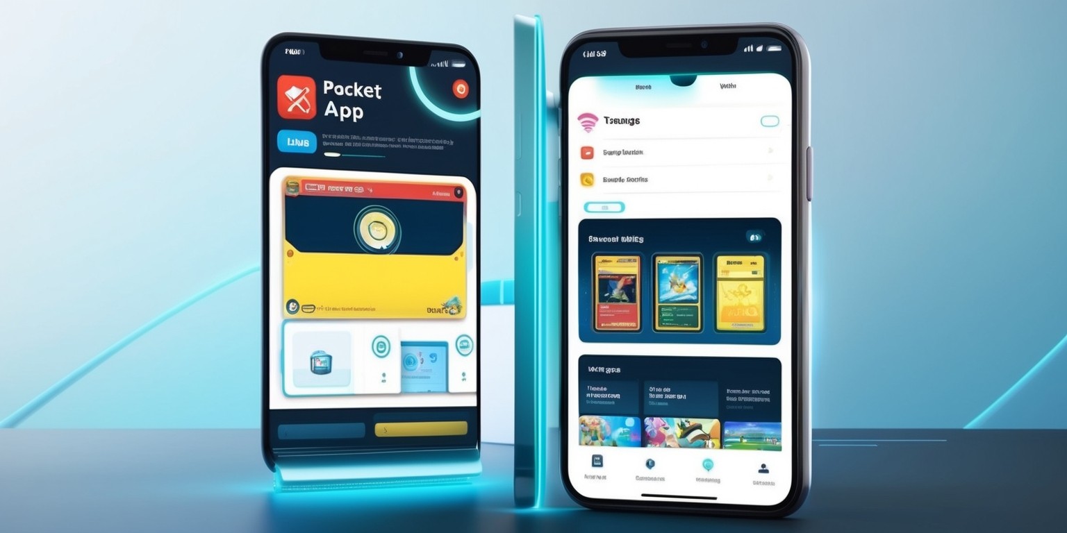 A modern, sleek, and futuristic digital illustration of the Pokémon Trading Card Game Pocket app's main interface on a high-resolution smartphone screen, set against a subtle, gradient blue background that evokes a sense of technology and innovation, with a hint of Pokémon's signature bright and playful colors, such as red and yellow, incorporated throughout the design elements, featuring a tidy and organized layout of various sections and tabs, including a prominent display of a player's current deck, a card library, and a menu for accessing game settings, online multiplayer, and tutorial guides, with clean lines, minimalist icons, and a touch of futuristic glow accents, spotlighting the app's user-friendly and interactive features, all rendered in a crisp, vibrant, and highly detailed digital art style reminiscent of popular mobile gaming apps and Pokémon's iconic visual identity.