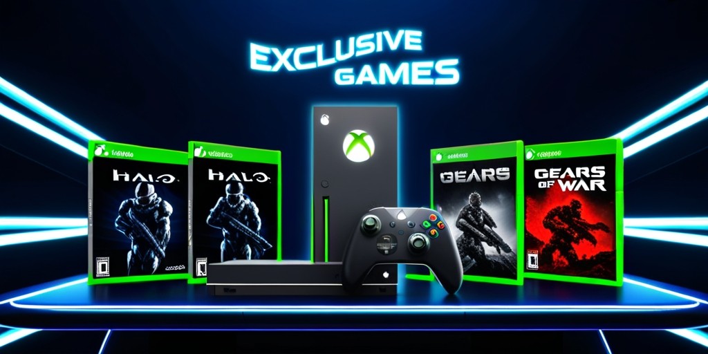 A visually striking digital illustration of a futuristic gaming setup, showcasing Xbox exclusive games as the main attraction, set against a dark blue background with neon green accents, evoking a sense of high-tech excitement. The Xbox console and controller are prominently displayed on a sleek, modern gaming desk, surrounded by several popular exclusive games, such as Halo and Gears of War, with their respective logos and titles emblazoned on the covers in bold, metallic fonts. The overall aesthetic is sleek, modern, and edgy, with subtle glowing effects adding to the futuristic ambiance. The composition is well-balanced, with ample negative space to create a sense of breathability, and the Xbox branding is prominently featured in the center, with the tagline 