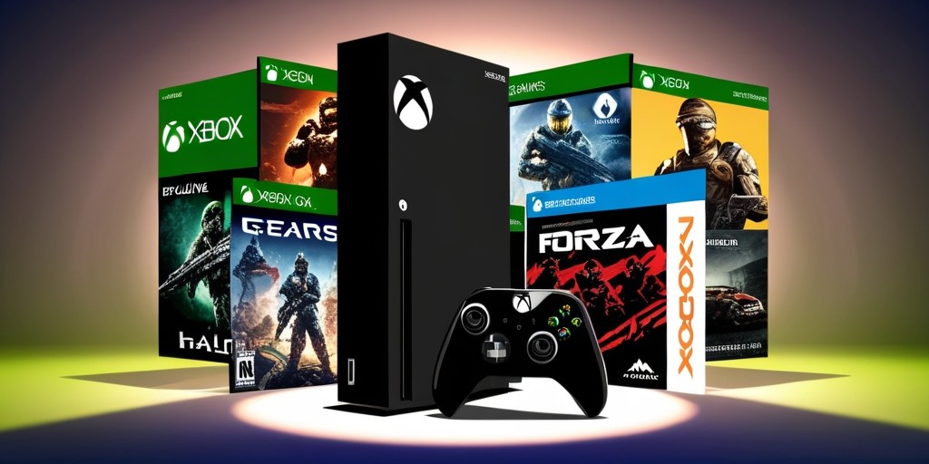 A stylized digital illustration of a modern gaming setup showcasing the Xbox logo prominently on a sleek, black console, surrounded by a curated selection of exclusive game cover art, including bright, bold colors and striking visuals, with a subtle gradient background that shifts from deep blues to vibrant greens, evoking a sense of excitement and energy, featuring popular titles like Halo, Gears of War, and Forza, with the game names and logos displayed in a clean, sans-serif font, and the entire scene bathed in a soft, warm light, as if illuminated by the glow of a TV screen on a lazy Sunday afternoon, with a shallow depth of field to draw the viewer's attention to the Xbox console and the exclusive games, creating a sense of immersion and inviting the viewer to explore the world of Xbox gaming.