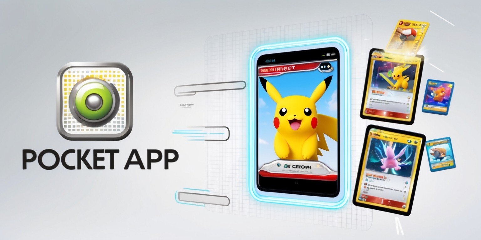 A modern, sleek, and vibrant digital illustration of the Pokémon Trading Card Game Pocket app, featuring a bright and colorful user interface with a prominent Pokémon character, such as Pikachu or Charizard, displayed on a clean and minimalist background, with a subtle grid pattern to evoke the idea of a playing card, and the app's logo, a stylized letter 