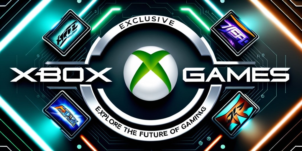 A futuristic, high-tech magazine cover featuring a bold, metallic Xbox logo at the center, surrounded by vibrant, neon-lit game thumbnails and futuristic circuit board patterns in shades of electric blue, green, and orange, with a subtle gradient effect giving it a sleek, modern feel. The background is a dark, rich grey tone, allowing the bright accents to pop. The title 