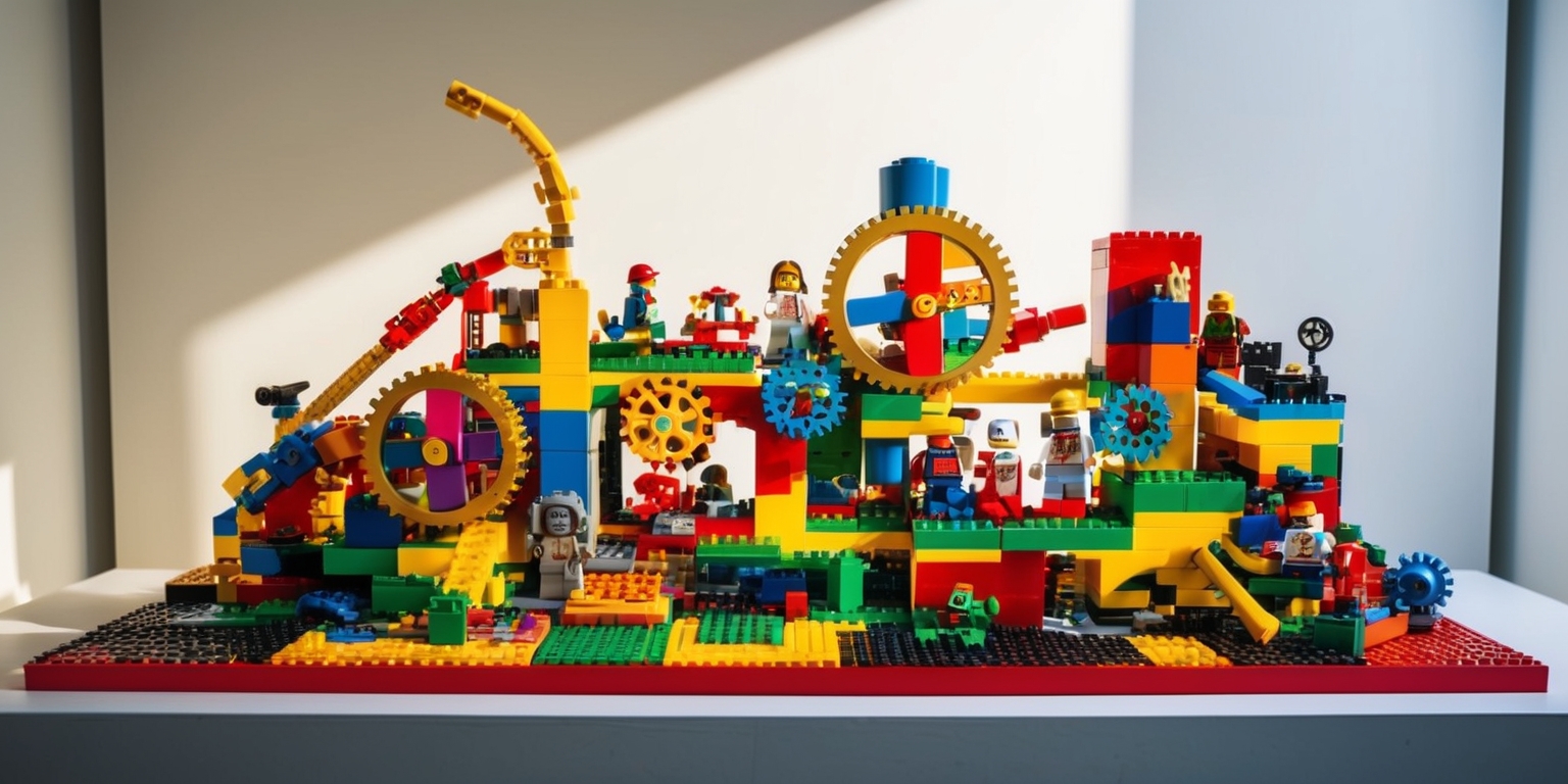 A vibrant and intricately designed Lego display model set against a clean white background, featuring a mix of brightly colored plastic bricks, gears, and other elements, with carefully arranged miniature figurines and structures, showcasing a sense of creativity and attention to detail, with some of the bricks and pieces slightly overlapping or jutting out to create a visually appealing sense of depth and dimensionality, with a shallow depth of field to blur the background and draw focus to the centerpiece, illuminated by a soft, warm lighting that highlights the textures and hues of the Lego pieces, with a few strategically placed shadows to add depth and visual interest.