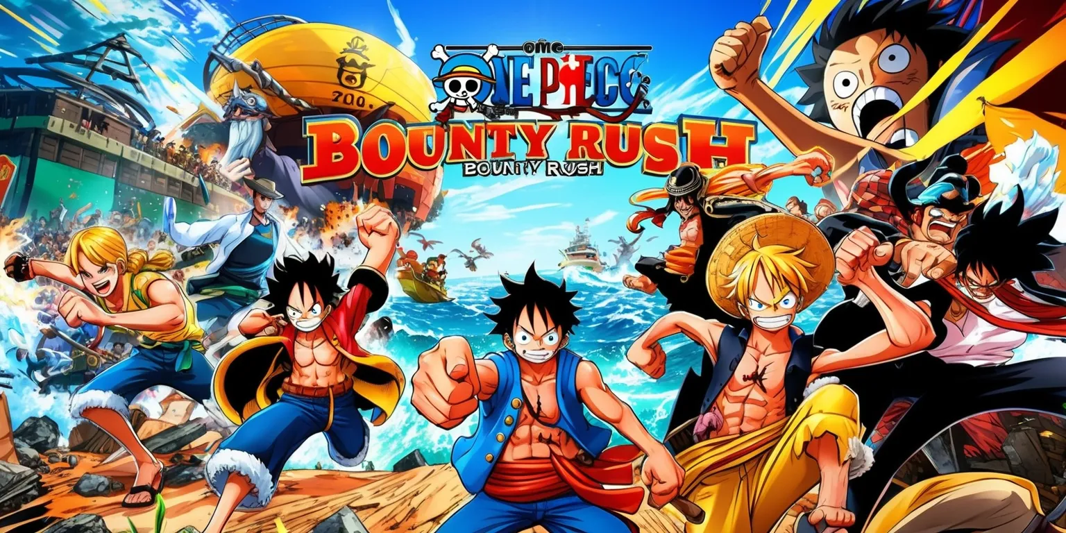 A vibrant and dynamic scene depicting the chaotic world of One Piece Bounty Rush, with a diverse cast of characters from the popular manga and anime series, including Monkey D. Luffy, Roronoa Zoro, and Sanji, set against a richly detailed and colorful background featuring a mix of oceanic and urban environments, with bold lines, exaggerated facial features, and dynamic poses, showcasing the game's fast-paced action and energetic atmosphere, with a focus on the characters' unique abilities and personalities, and incorporating the game's logo and typography in a stylized and eye-catching manner, with a bright and adventurous color palette and dramatic lighting effects.