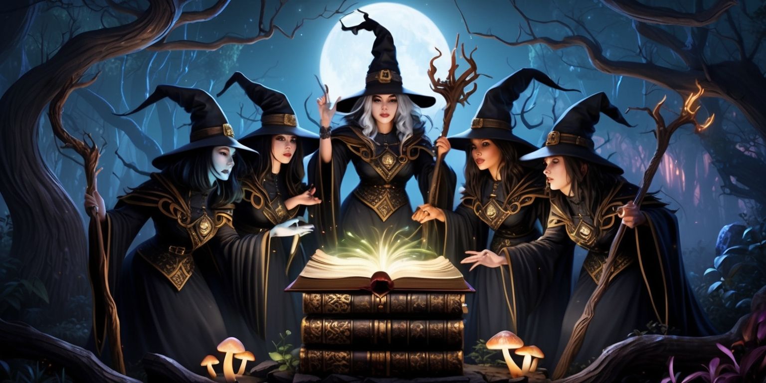A dark fantasy scene depicting a group of powerful witches with unique magical abilities, gathered around a large ancient tome, in a dimly lit mystical forest, surrounded by twisted tree branches and glowing mushrooms, with a full moon shining in the background, the witches have distinctive facial features, skin colors, and hairstyles, wearing intricately designed black robes with golden accents, and wielding enchanted staffs, the atmosphere is mysterious and eerie, with a sense of anticipation and adventure, the style is reminiscent of a tactical RPG game, with a mix of medieval and mythological elements, the color palette is rich and vibrant, with shades of purple, blue, and green, and the overall mood is one of magic and wonder.