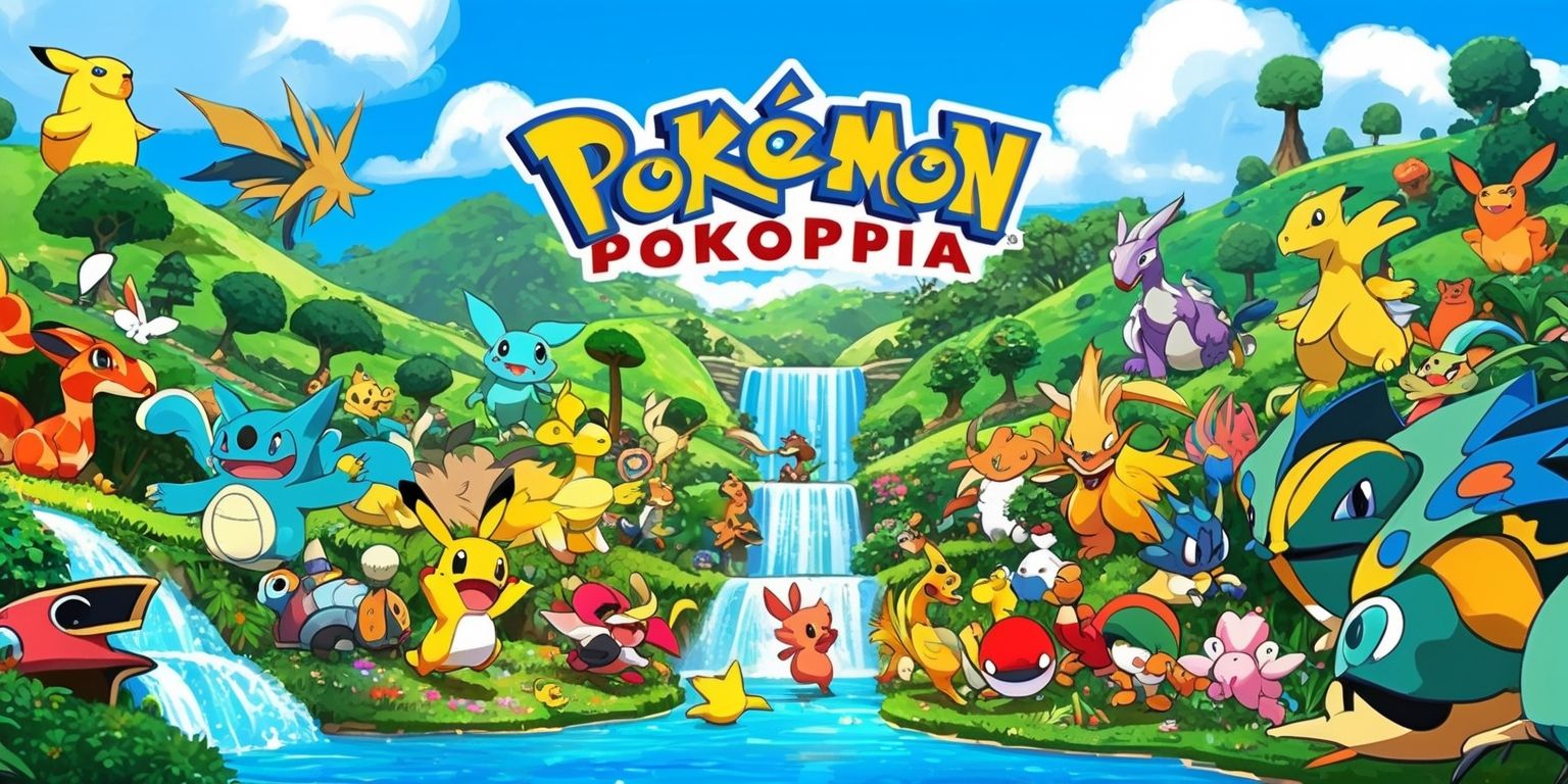 A vibrant, colorful illustration of the Pokopia game, featuring a variety of Pokémon characters in a lush, fantasy world with rolling hills, towering trees, and sparkling waterfalls, set against a bright blue sky with puffy white clouds, the Pokémon are designed in a stylized, cartoonish manner with bold lines, bright colors, and exaggerated features, the overall art style is reminiscent of a classic video game, with a mix of digital painting and hand-drawn elements, the layout is dynamic, with characters and objects arranged in a way that creates a sense of movement and energy, the color palette is diverse, with shades of green, blue, yellow, and red, and the overall mood is one of excitement and adventure.