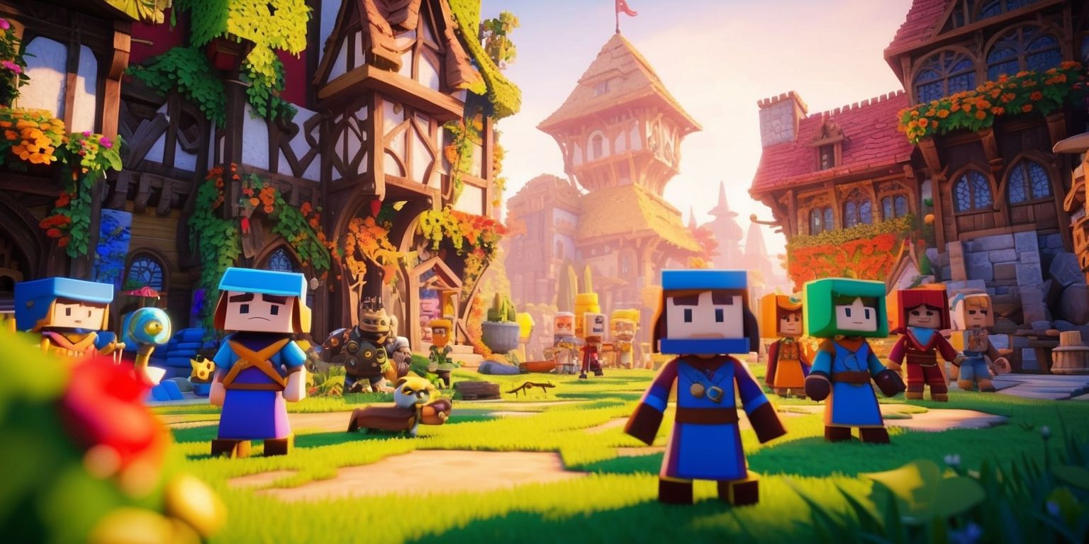 A vibrant, high-fantasy scene from the Hytale game, featuring a mix of medieval-inspired architecture and lush, vibrant environments, with intricately designed characters, creatures, and items, set against a warm, golden light, with a shallow depth of field, and a focus on the colorful, blocky textures that define the game's unique aesthetic, including detailed character models with expressive facial features and varied skin tones, and a subtle, atmospheric glow that highlights the game's richly detailed world, with a layout that balances action, exploration, and wonder, all rendered in a stunning, hyper-realistic style that brings the game's imaginative universe to life.