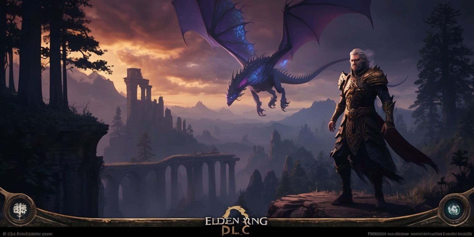 A dark fantasy scene depicting a majestic landscape from the Elden Ring game DLC, with a dramatic sky featuring deep oranges and purples, set against a backdrop of towering trees and ancient ruins, a lone figure of a Tarnished warrior stands at the edge of a cliff, wearing intricately designed armor with subtle golden accents, their facial features strong and determined, with piercing eyes and a resolute expression, in the distance a massive dragon soars through the sky, its scales glistening in shades of dark blue and purple, the overall aesthetic is one of foreboding and mystery, with subtle hints of mystical energy emanating from the environment, the color palette is predominantly dark and muted, with flashes of vibrant color from the sky and the dragon's scales, the medium is a digital painting with intricate details and textures, the layout is cinematic, with the warrior at the forefront and the dragon in the background, the framing is wide, capturing the vastness of the landscape.