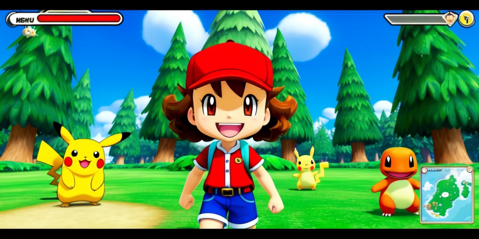 A vibrant screenshot of a Pokémon game on a console, featuring a young trainer with bright brown eyes and curly brown hair, wearing a red hat and a big smile, standing in a lush green forest surrounded by tall trees, with a few Pokémon roaming around, including a Pikachu with yellow fur and red cheeks, and a Charmander with orange scales, the sky is a clear blue with a few puffy white clouds, the game's user interface is visible, including a menu bar at the top and a map at the bottom, with bold white fonts and colorful icons, the overall style is a mix of 2D and 3D graphics, with a focus on adventure and exploration.