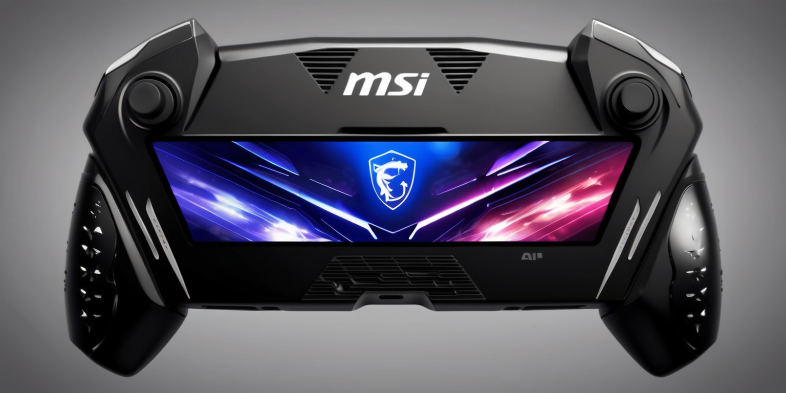 A futuristic, high-tech handheld gaming device, the MSI Claw 8 AI+, featuring a sleek, matte black body with angular lines, subtle ventilation grills, and a prominent, glowing MSI logo in a radiant silver hue, situated at the top center; the device's dual, landscape-oriented screens, each approximately 4-5 inches in diagonal, boast vibrant, high-resolution displays, showcasing a captivating in-game scene; the ergonomic grip, adorned with a subtle pattern of miniature, raised triangles, is designed for comfortable hold and control, complete with symmetrical, concave triggers and dual, circular analog sticks; a few, strategically placed, glossy accents add a touch of sophistication, while the overall design language exudes a sense of premium, high-performance gaming on-the-go.