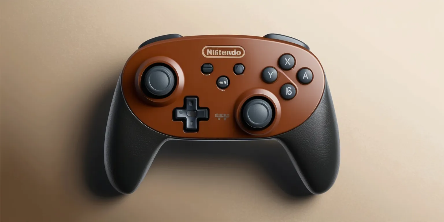 A Nintendo wireless retro controller with a nostalgic design inspired by the classic N64 layout, featuring a modern ergonomic shape, enhanced tactile feedback, and wireless connectivity, displayed on a sleek surface with a subtle gradient background, the controller's retro aesthetic is evident in its earthy tone color scheme, with a mix of matte and glossy finishes, the controller's buttons and directional pad are prominently displayed, with a focus on the enhanced grip and contours, the Nintendo logo is embossed on the controller in a bold, silver font, with a subtle shadow effect, the overall style is a blend of vintage and modern elements, conveying a sense of nostalgia and innovation.