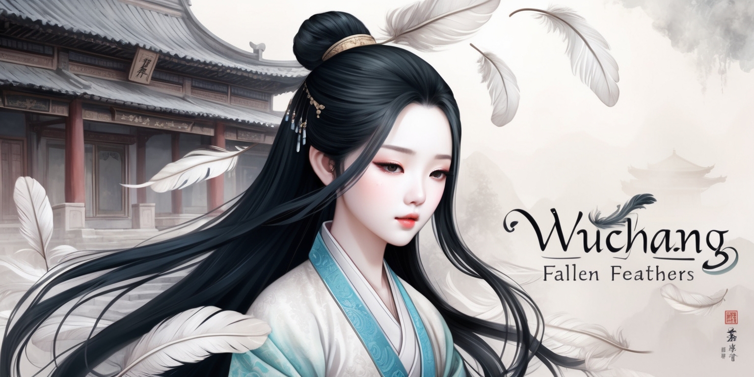 A fantasy illustration depicting a scene from the Wuchang: Fallen Feathers game, with a muted color palette and delicate brushstrokes, set against a backdrop of ancient Chinese architecture, featuring a young woman with porcelain skin and long, flowing black hair, adorned in traditional Chinese attire, surrounded by fallen feathers of soft whites and grays, with intricate textures and patterns, the atmosphere is serene and melancholic, the woman's facial features are subtle, with high cheekbones and full lips, her eyes are cast downward, lost in thought, the overall style is reminiscent of traditional Chinese watercolor paintings, with elegant lines and subtle color gradations, the game's logo is discreetly embedded in the corner, in a elegant, cursive script, with a subtle sheen to it.