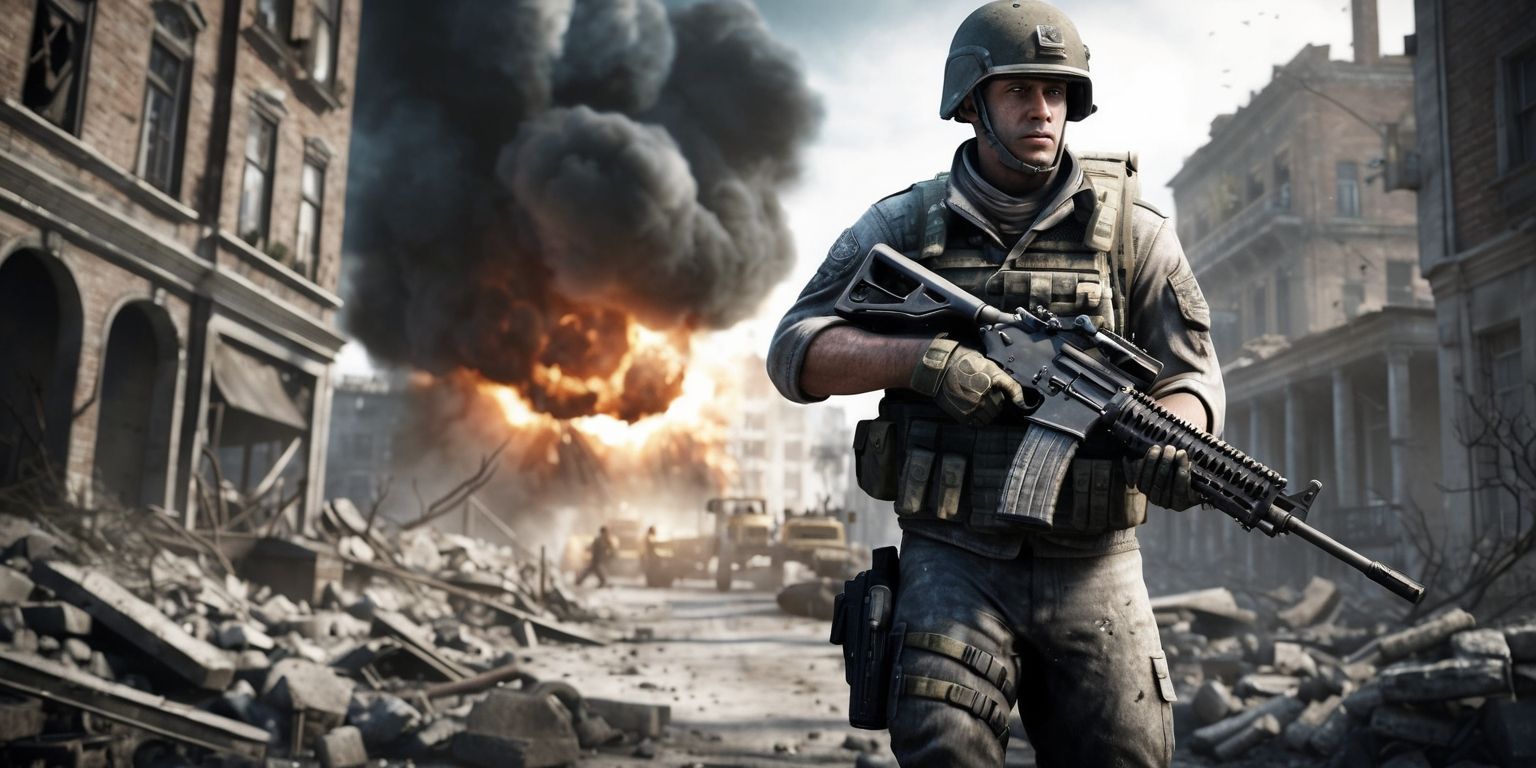 A gritty first-person shooter game scene from Battlefield 6, set in a war-torn city with destroyed buildings and rubble-filled streets, featuring a soldier in a worn tactical uniform with a determined expression, wearing a helmet and carrying a rugged assault rifle, with a massive explosion in the background and smoke-filled skies, the atmosphere is tense and chaotic, with a focus on realistic graphics and intense action, the color palette is muted with shades of grey, brown, and beige, and the overall style is dark and dramatic, with a shallow depth of field to emphasize the soldier in the foreground.
