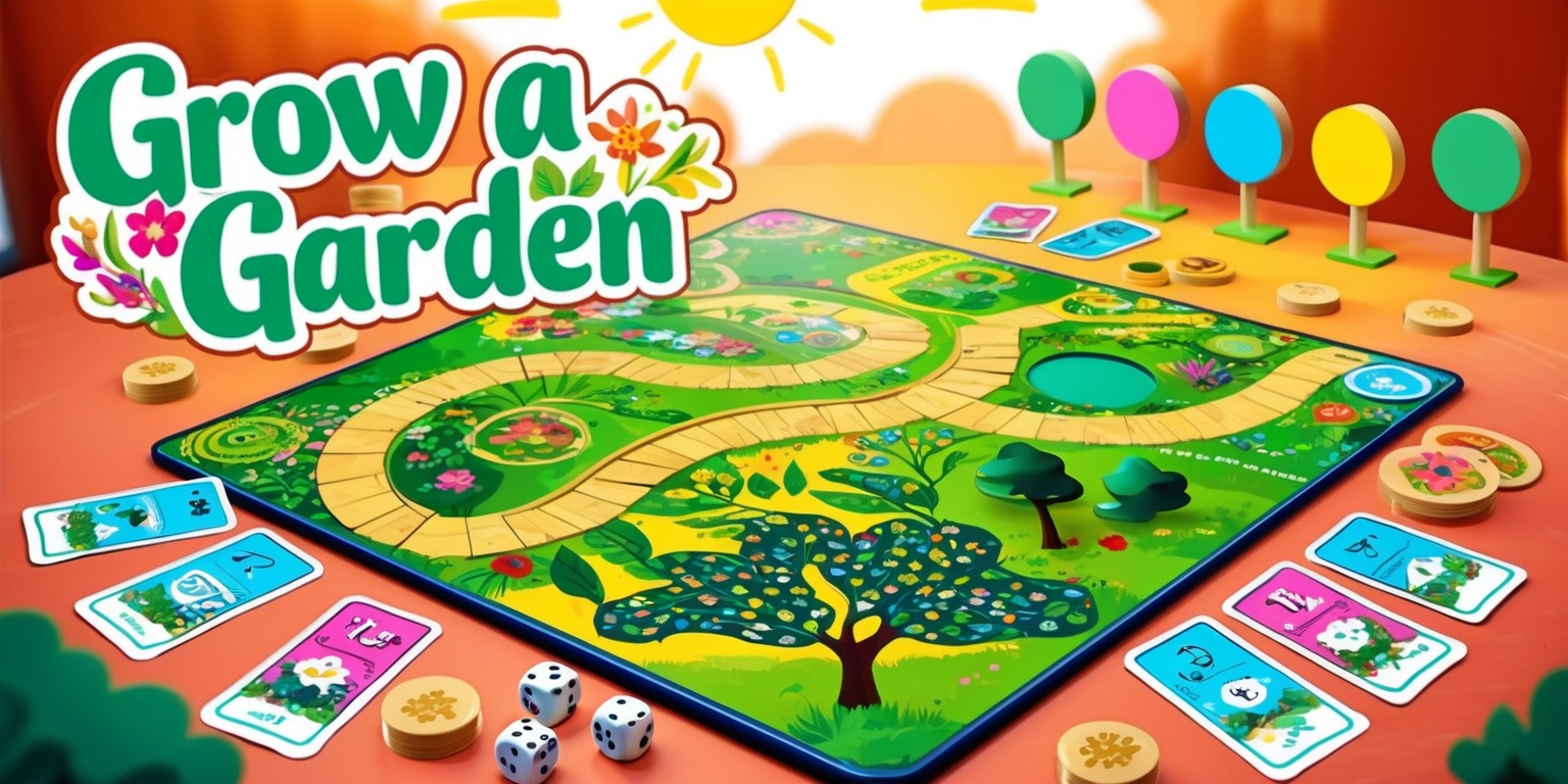 A vibrant and colorful illustration of a garden-themed board game, with a large game board at the center, featuring a winding path and various garden-inspired spaces, including floral patterns, trees, and a sunny sky, surrounded by player tokens, dice, and game cards, with bold, playful fonts and bright colors, including shades of green, blue, yellow, and pink, and a mix of digital and hand-drawn elements, with a shallow depth of field to emphasize the game board, and a warm, inviting lighting to evoke a sense of fun and adventure, with the game's title Grow a Garden prominently displayed in a stylized, curved font with floral accents, in the top center of the image.