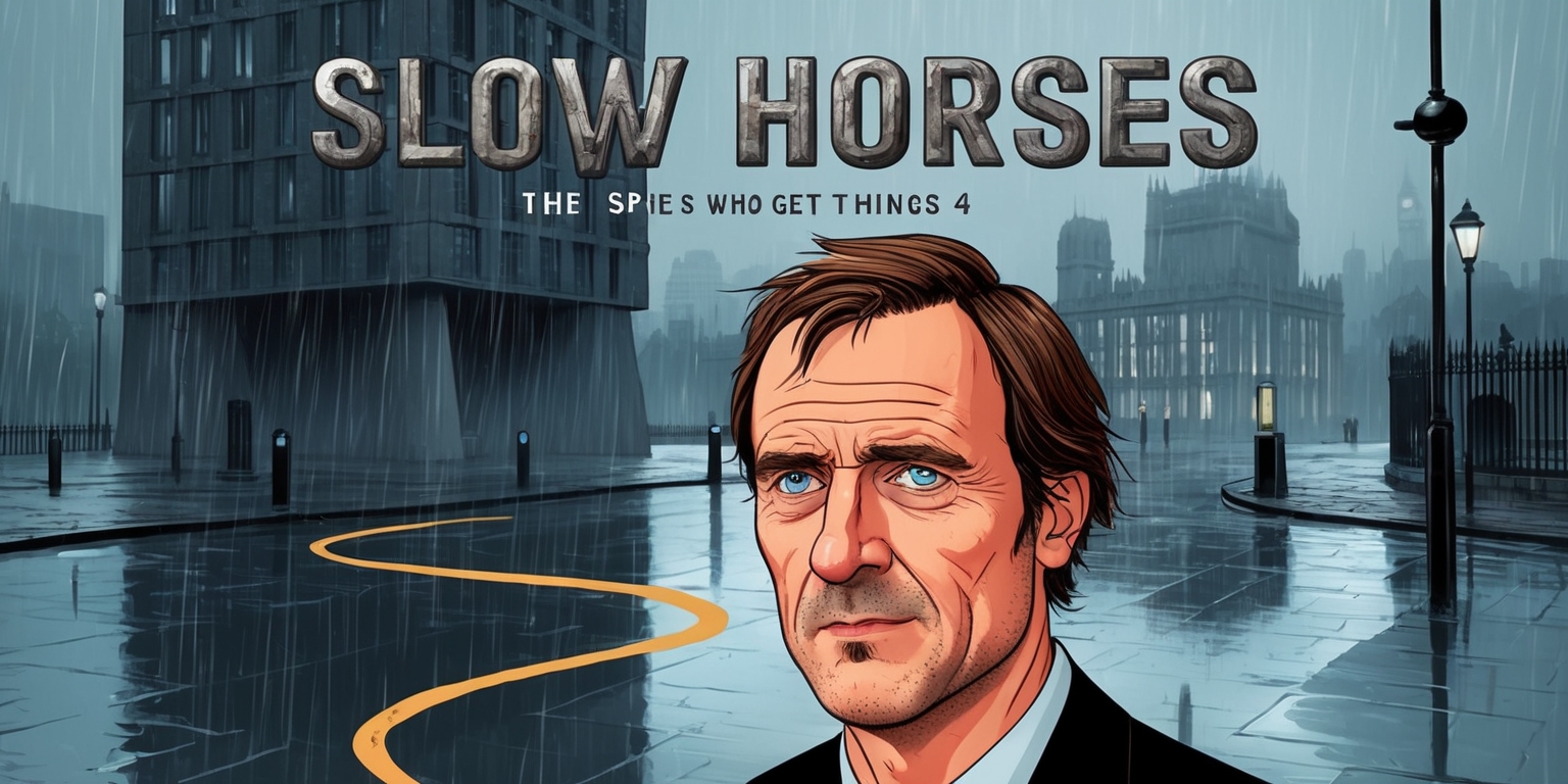 A cinematic poster for Slow Horses Season 4, featuring a stylized illustration of Jackson Lamb, a middle-aged man with a rugged, worn face, a thinning patch of ginger hair, and a sharp jawline, standing in front of a drab, rain-soaked London cityscape, with the iconic Slough House building looming in the background, its brutalist architecture reflected in the wet pavement, surrounded by a subtle mist that evokes a sense of gritty realism, the color palette dominated by muted blues and grays, with accents of warm golden light, the title of the show emblazoned across the top in bold, metallic font, with the tagline The spies who get things wrong written in smaller text at the bottom, in a curved line that echoes the shape of a pistol's trigger, the overall design exuding a sense of dark humor and clever intrigue.