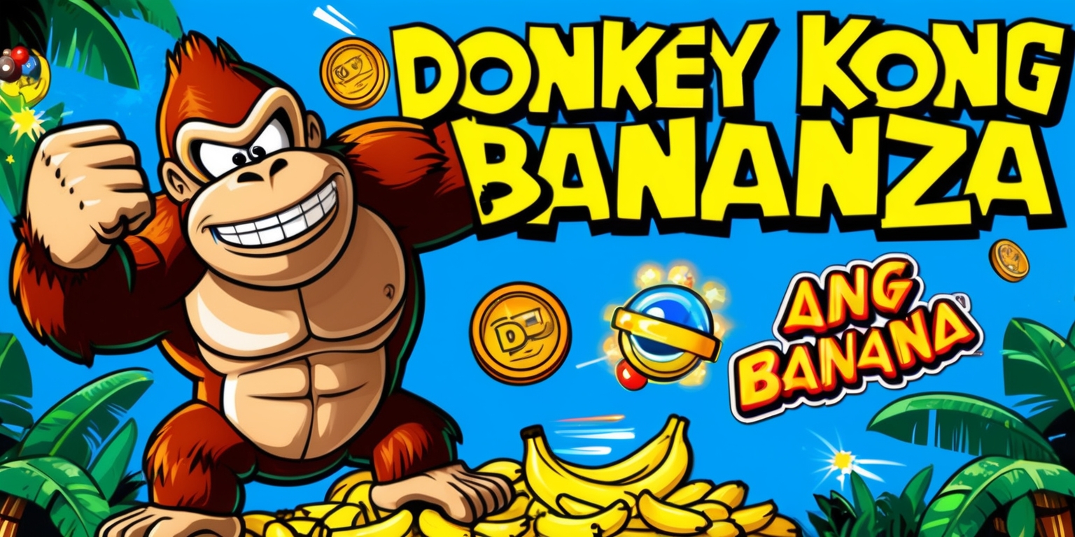 A vibrant, action-packed illustration of the Donkey Kong Bananza game, set against a bright blue background with bold, rounded typography and colorful graphics, featuring Donkey Kong himself, a large, muscular gorilla with a big smile and expressive eyes, standing triumphantly on a pile of bananas, surrounded by lush green jungle foliage, with a hint of tropical atmosphere, and various arcade elements such as flashing lights, coins, and power-ups scattered throughout the scene, capturing the energetic and playful essence of the classic arcade game.