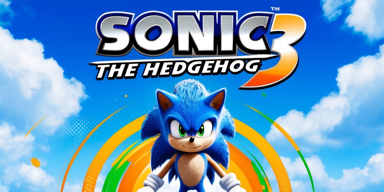 A vibrant, action-packed movie poster featuring Sonic the Hedgehog, the iconic blue anthropomorphic hedgehog, standing heroically in the center, with his signature spikes and bright, expressive eyes, against a bright blue sky with fluffy white clouds, surrounded by abstract, swirling patterns of orange, yellow, and green, evoking a sense of speed and energy, with the title Sonic the Hedgehog 3 emblazoned in bold, metallic silver font, with a subtle gradient effect, at the top of the poster, and the tagline Gotta go fast! written in a stylized, curved line above Sonic's head, in a modern, comic book-inspired aesthetic, with rounded edges and a dynamic, energetic composition that captures the spirit of the beloved video game character.