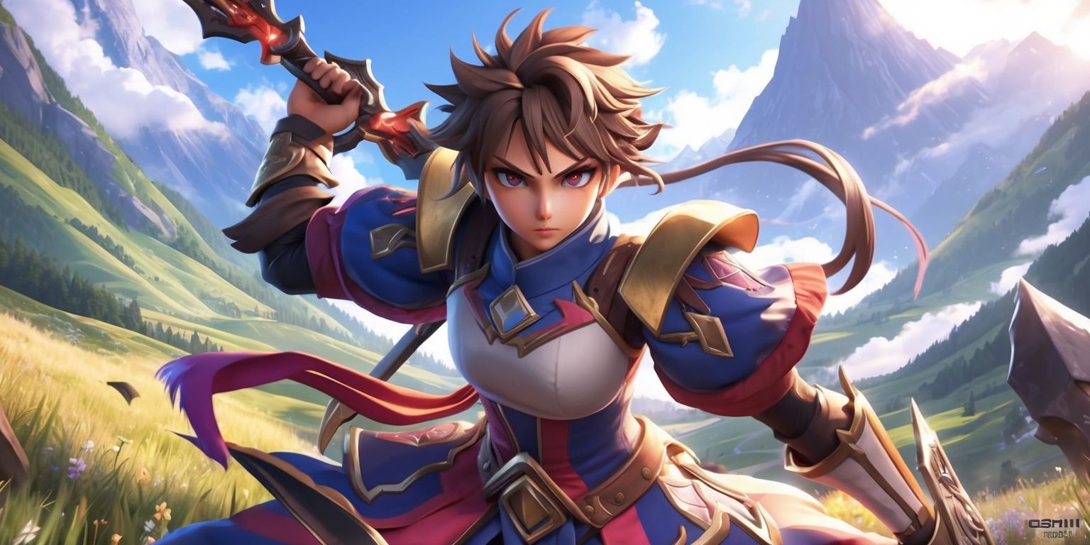 A highly detailed illustration of a Genshin Impact game character, with vibrant colors and intricate designs, set against a stunning fantasy landscape with rolling hills and towering mountains in the background, the character stands in a powerful pose, with their unique elemental abilities and weapons on full display, their facial features are finely detailed, with expressive eyes and a determined expression, their skin tone and hair color are consistent with the game's anime-inspired style, the character's outfit is a meticulously rendered representation of their in-game attire, with every thread and texture carefully captured, the overall aesthetic is one of dynamic energy and movement, with bold lines and captivating colors that draw the viewer's eye to the character.