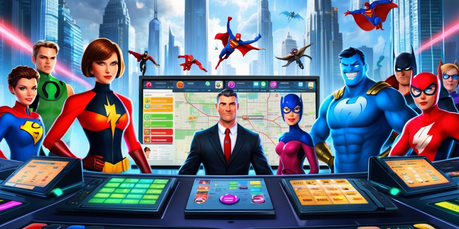 A detailed illustration of a superhero management strategy game, featuring a large cityscape with towering skyscrapers and flying superheroes in the background, while in the foreground a large desk with a map of the city, various screens displaying real-time data and statistics, and a set of colorful buttons and controls, all surrounded by a team of diverse superheroes with unique costumes and facial features, including a woman with short brown hair and a determined expression, a man with a strong jawline and a bold smile, and another with vibrant blue skin and large expressive eyes, all working together to manage and strategize their superhero team, with a bold and vibrant color scheme, dynamic lighting, and a sense of energetic movement and activity.