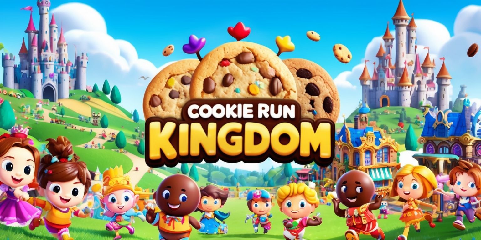 A vibrant and colorful digital illustration of the Cookie Run Kingdom game, featuring a variety of cookie characters with distinct facial features and vibrant outfits, set against a beautiful and intricate fantasy kingdom backdrop with rolling hills, towering castles, and bustling shops, with a bright blue sky and fluffy white clouds, incorporating elements of adventure, magic, and whimsy, showcasing the game's unique art style and playful tone, with bold lines, intricate details, and a mix of pastel and bright colors, and a clear sense of depth and dimensionality, capturing the essence of the game's charming and immersive world.