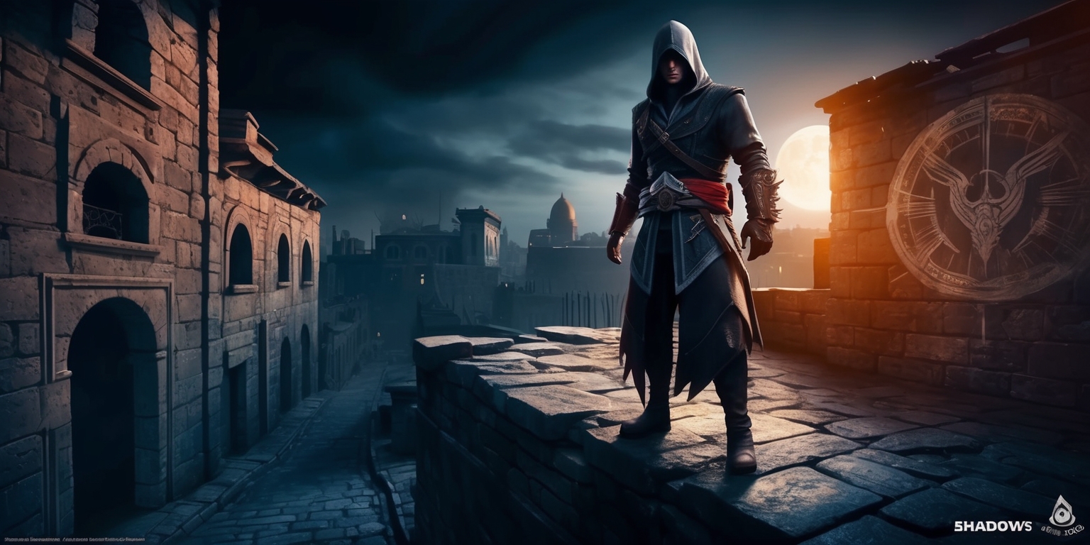 A detailed, high-contrast illustration of a dark, gritty, and mysterious scene inspired by the Assassin's Creed Shadows game, set against a backdrop of a hauntingly beautiful, moonlit urban cityscape at dusk, with subtle, warm orange and dark blue tones, and dramatic shadows cast across worn, ancient stone buildings and narrow, winding alleys, evoking a sense of stealth, danger, and ancient secrets waiting to be uncovered, featuring a lone, hooded assassin figure clad in dark, tattered robes, with piercing, intent eyes and a determined expression, standing atop a crumbling rooftop, gazing out over the city, with the faint, mythical silhouette of a eagle or other ancient symbol etched into the stone wall behind them, and subtle, ornate clockwork machinery and cryptic, ancient symbols scattered throughout the scenery.