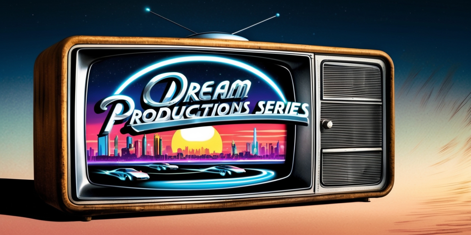 A retro-futuristic illustration of a vintage television set with a worn, wooden cabinet and a curved, old-school screen displaying a colorful, neon-lit cityscape at sunset, with sleek, modern skyscrapers and flying cars zipping by, surrounded by a halo of light, against a deep, starry night sky, with the title Dream Productions series emblazoned in bold, curved, metallic font with a subtle, glowing effect, reminiscent of classic sci-fi movie posters, set against a warm, dark blue background with subtle, gradient textures evoking a sense of nostalgia and innovative futurism.