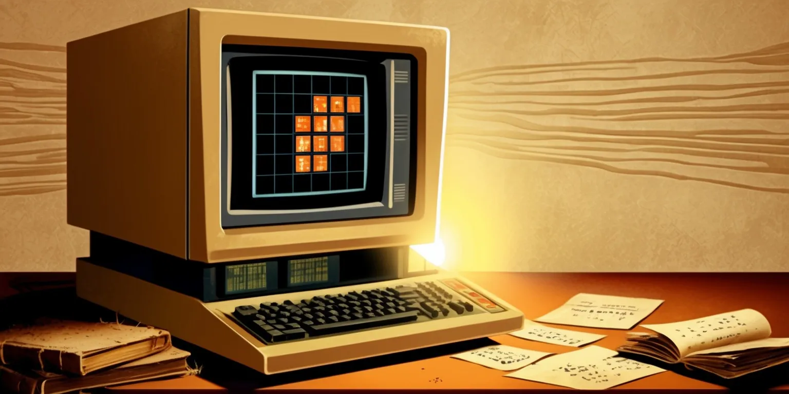 A nostalgia-tinged illustration of a vintage computer terminal with a CRT screen displaying a puzzle game, set against a warm, earthy-toned background with subtle wood grain textures, the terminal's beige and brown hues evoking a sense of retro futurism, with bold, pixelated graphics and a faint grid pattern on the screen, the puzzle game's interface featuring a mix of cryptic symbols and archaic computer fonts, with a faint glow emanating from the screen, casting a warm light on the surrounding environment, and a few dusty, dog-eared books and scattered papers with cryptic notes and codes in the foreground, adding to the sense of mystery and discovery.