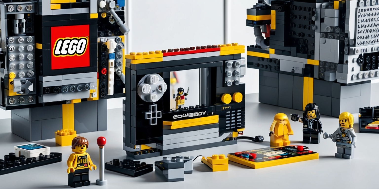A highly detailed and colorful image of a Lego Game Boy set, featuring intricately designed Lego bricks and miniature figurines, with a dominant color scheme of gray, black, and yellow, set against a clean and simple background, with the Lego Game Boy console and games showcased in a neatly arranged layout, highlighting the unique textures and shapes of the Lego pieces, and capturing the nostalgic essence of the classic Game Boy handheld console, with precise lighting to emphasize the vibrant colors and intricate details of the Lego set.