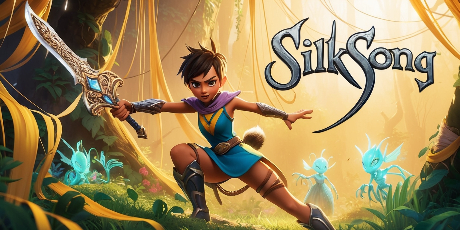 A vibrant illustration of the action-adventure game Silksong, featuring the protagonist Hornet, a young, agile, and determined female character with short, spiky hair and a bold expression, standing heroically in a beautifully designed, lush, and mystical forest environment, surrounded by intricate, glowing silk threads and eerie, bioluminescent creatures, with Hornet's intricate, ornate sword at the ready, set against a warm, golden lighting, with a subtle, dreamy quality to the overall scene, and a sense of dynamic movement and energy, as if Hornet is about to leap into action, with the game's title Silksong written in bold, curved, and elegant lettering, in a shimmering silver color, at the top of the image.