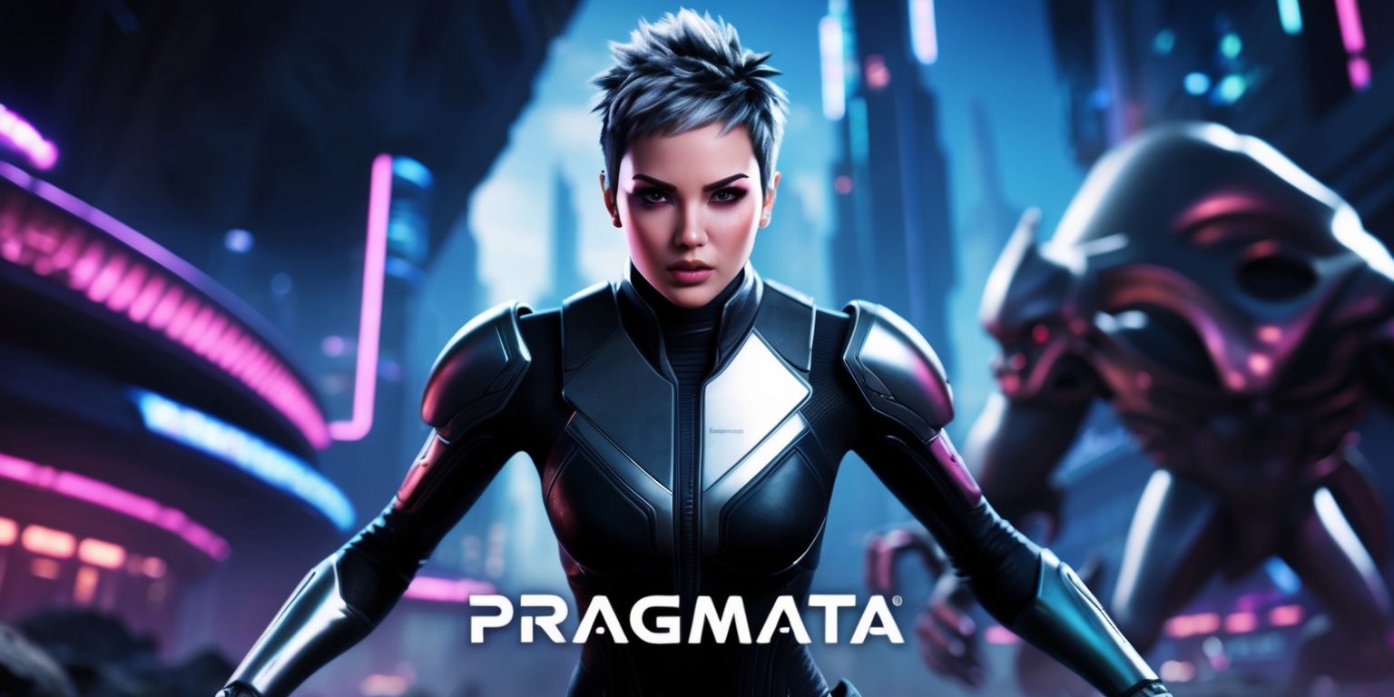 A futuristic scene from the Pragmata game, with a focus on the main character, a woman with short, spiky hair and a determined expression, wearing a sleek black and silver spacesuit, set against a backdrop of a dystopian cityscape with neon lights and towering skyscrapers, the color palette is dark and moody with hues of blues and purples, the character is posed in a powerful stance, with a large, metallic creature looming in the background, the overall style is highly detailed and realistic, with a sense of tension and urgency, the layout is cinematic, with the character placed in the center of the frame, and the creature and cityscape fading into the background, the image is filled with a sense of mystery and otherworldliness.