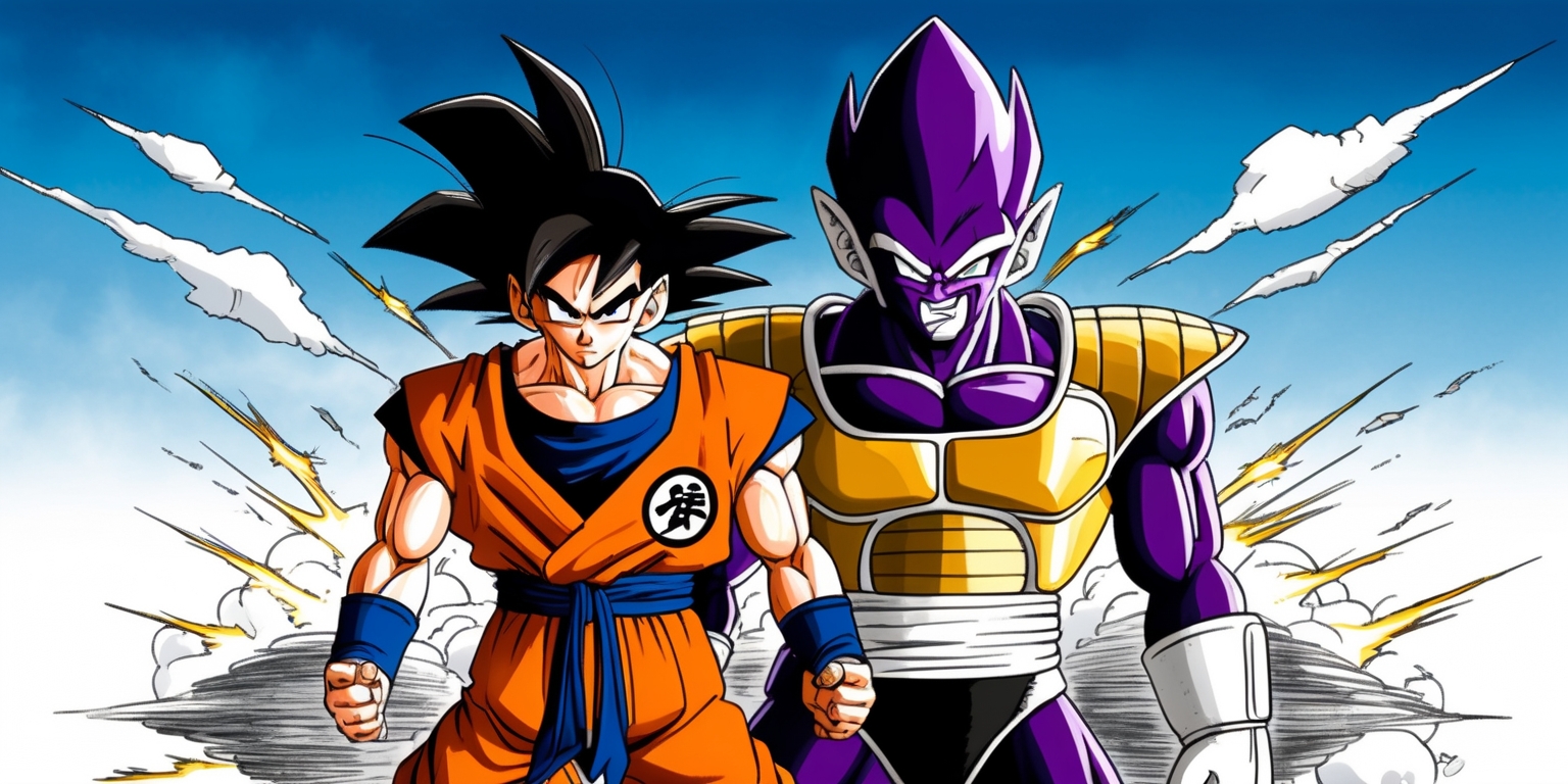 A dynamic illustration of a pivotal scene from the iconic Dragon Ball manga series, set against a bold, gradient blue sky with wispy white clouds, featuring Goku and his nemesis Frieza standing back to back in dramatic poses, with intense facial expressions, Goku's determined eyes and spiky black hair contrasting with Frieza's menacing smirk and vibrant purple complexion, both characters sporting their signature attire, Goku's orange gi with a blue sash and Frieza's sleek, golden armor, the atmosphere electrified with ki auras and explosive energy blasts in the background, inked with bold black lines, vibrant colors, and textured shading, reminiscent of Akira Toriyama's signature art style, with action-packed movement and dynamic composition, capturing the epic struggle between good and evil.