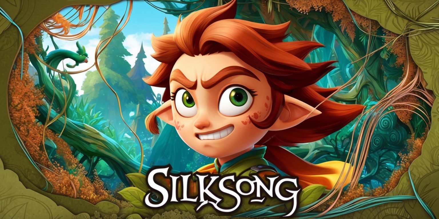 A vibrant, whimsical illustration of the protagonist from the Silksong game, set against a lush, fantastical forest backdrop with intricate details and textures, featuring a mix of earthy tones such as olive green, terracotta, and sky blue, with the character's facial features, including bright, expressive eyes and a determined expression, taking center stage, while incorporating subtle, shimmering silk threads and organic patterns throughout the scene, blending traditional and digital media to create a captivating, dreamlike atmosphere.