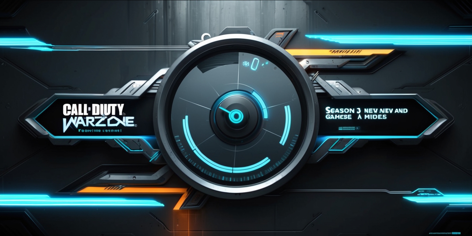 A futuristic, high-tech illustration depicting a fictional video game update screen for Call of Duty: Warzone, set against a dark, metallic gray background with neon blue accents, evoking a sense of urgency and action. The dominant feature is a large, circular progress bar with a spinning wheel and a percentage counter, surrounded by sleek, metallic lines and futuristic UI elements. In the foreground, a bold, sans-serif font displays the update's version number and a brief description of the new content, such as Season 3: New Maps and Game Modes. The overall aesthetic is gritty, high-tech, and masculine, with a focus on dynamic, angular shapes and sharp lighting effects. The color palette is predominantly dark blues and grays, with bursts of neon blue and orange to convey a sense of energy and excitement.