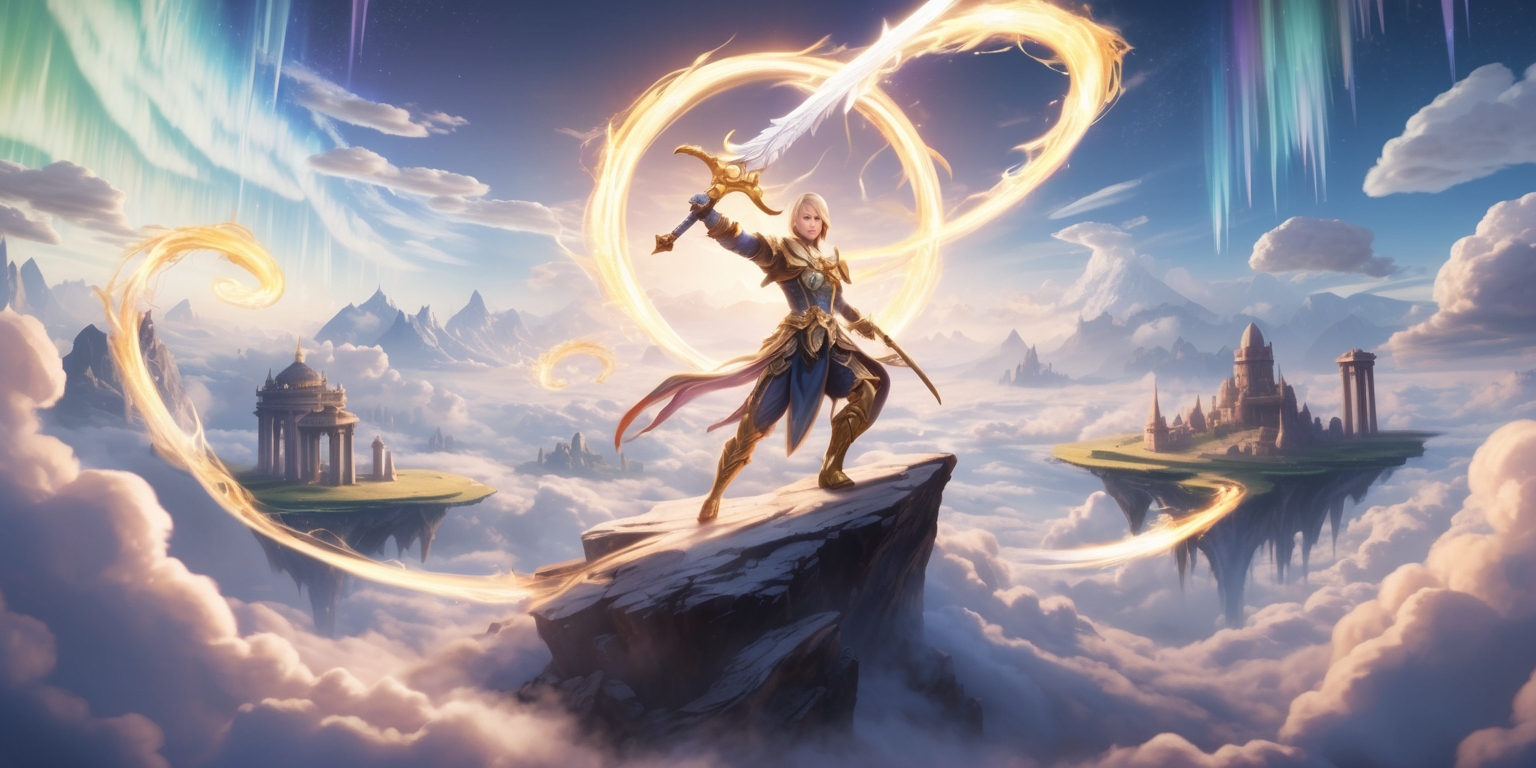 A sweeping, cinematic scene depicting a fantastical world in an Empyreal action RPG game, set against a backdrop of celestial clouds and shimmering auroras, with a heroic figure clad in ornate, ethereal armor, wielding a luminous sword that crackles with divine energy, standing atop a mystical mountain, surrounded by a halo of light, as wispy, glowing tendrils of magic swirl around them, with ancient, mystical ruins and floating islands scattered in the distance, bathed in a soft, golden light that evokes a sense of wonder and adventure, with intricate, hand-drawn details and ornate textures that evoke a sense of luxury and fantasy.